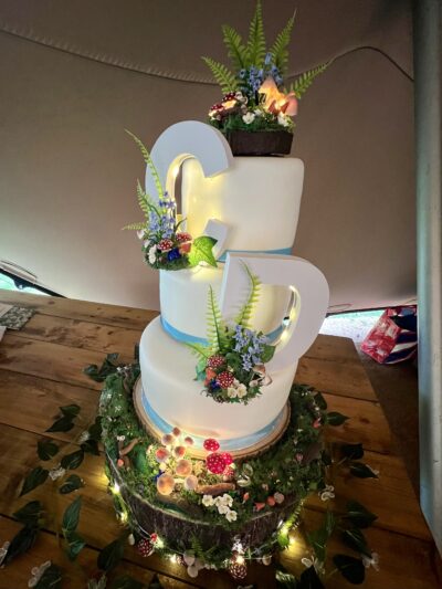 a white wedding cake decorated with the couple's initials, flowers and fairy lights