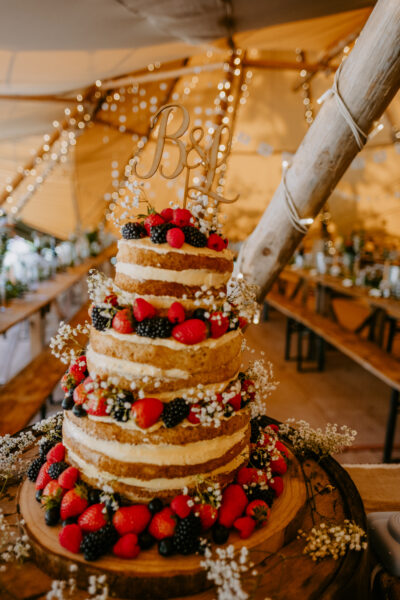 a layered sponge cake with berries on a log slice in a wedding tipi