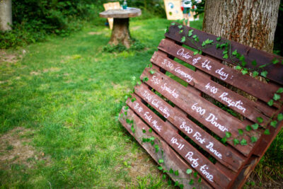 an order of the day sign on a wooden pallet in a woodland
